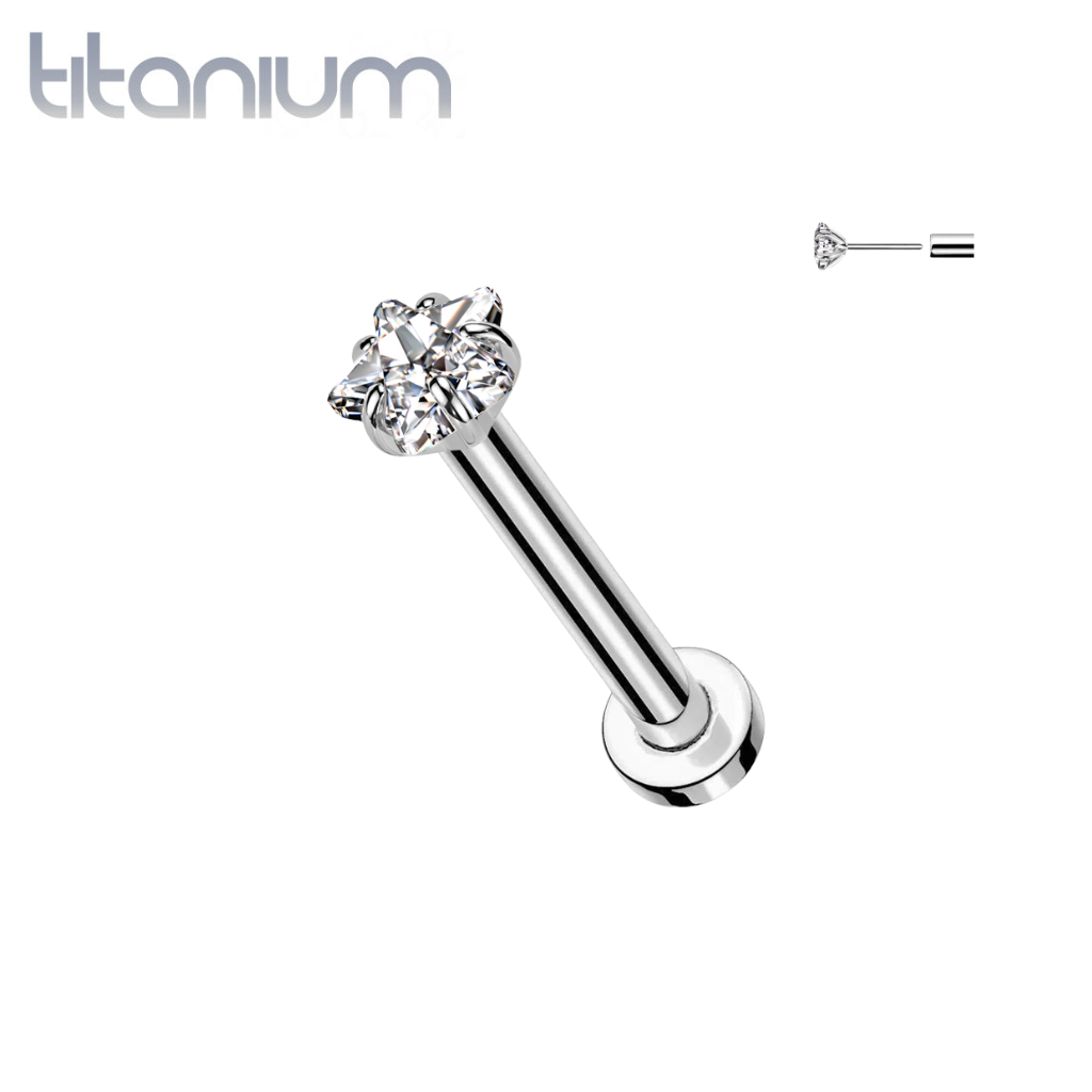 Implant Grade Titanium Threadless CZ Star Shaped Gem Push In Labret With Flat Back