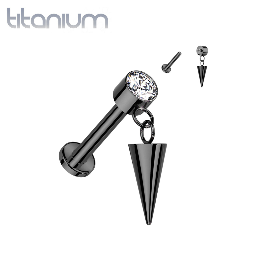 Implant Grade Titanium Black PVD White CZ Bezel Spike Dangle Internally Threaded Flat Back Labret