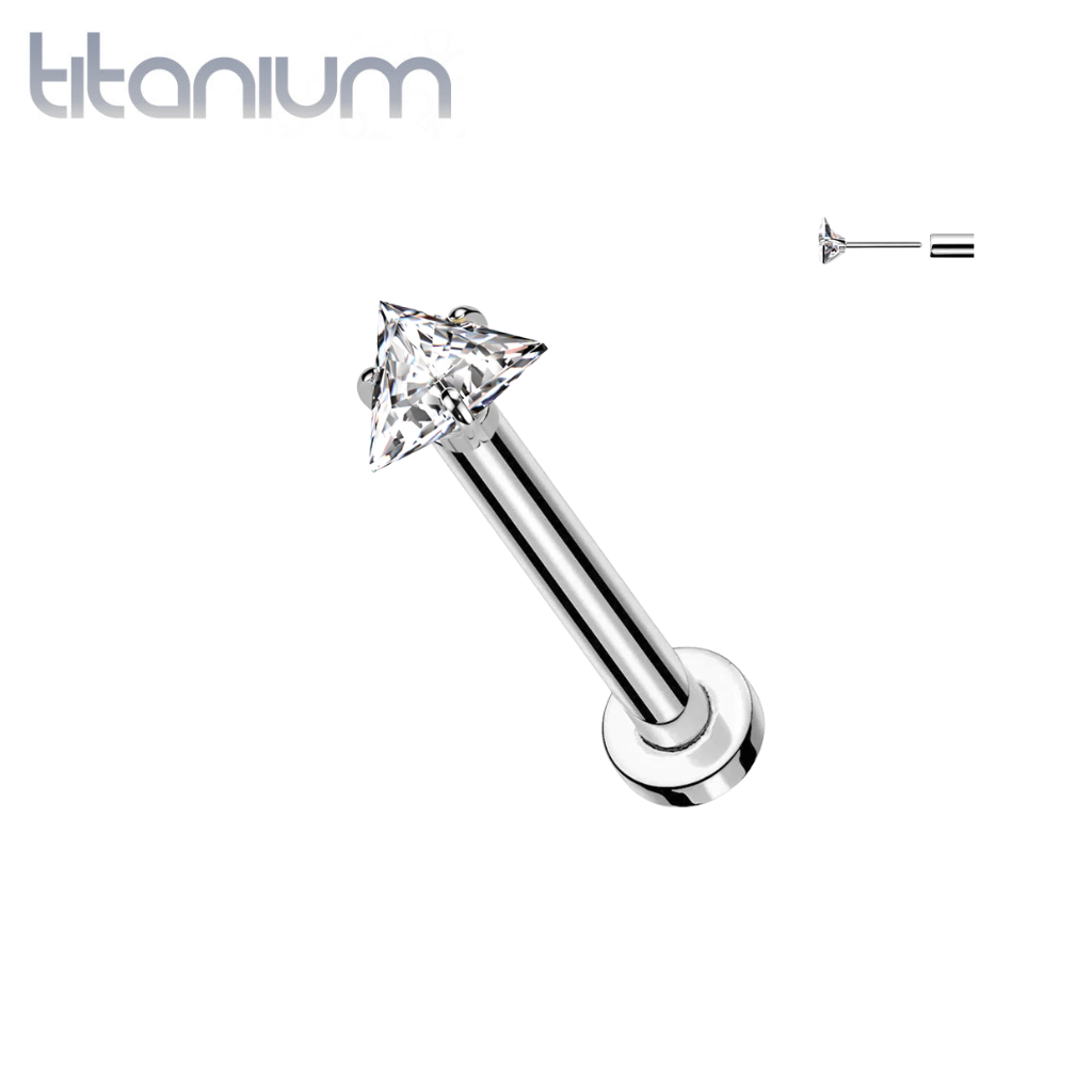 Implant Grade Titanium Threadless White CZ Triangle Shaped Gem Push In Labret With Flat Back