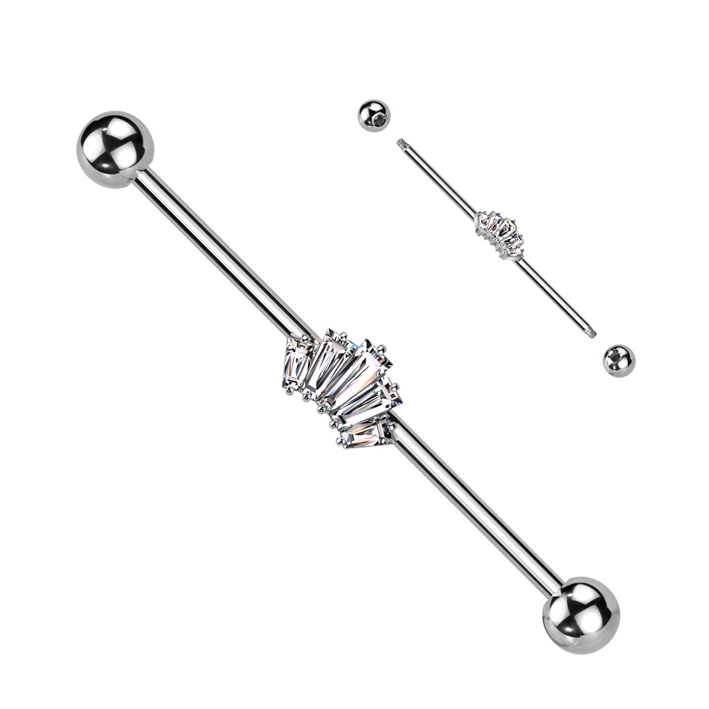 316L Surgical Steel White CZ 5 Gem Baguette Industrial Barbell