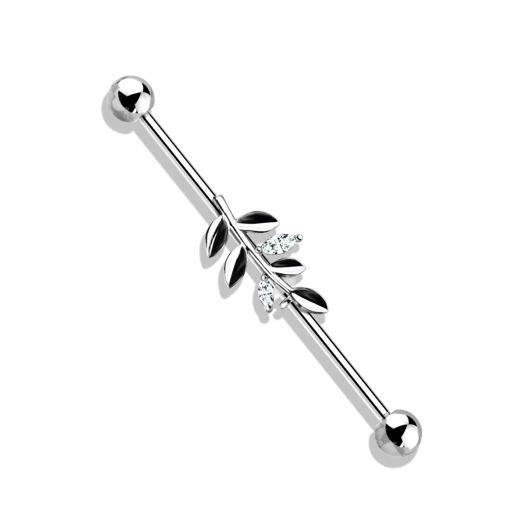 316L Surgical Steel White CZ Leaf Industrial Barbell