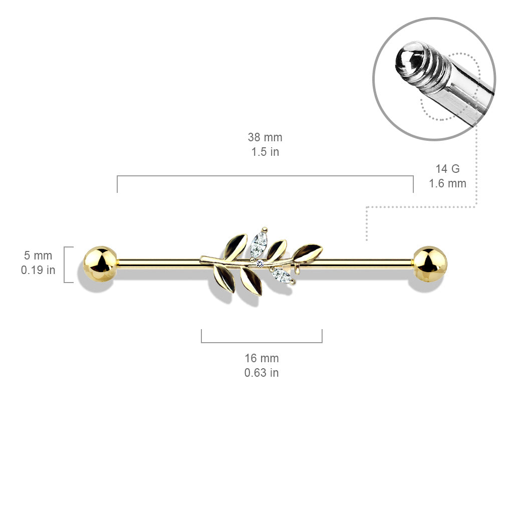 316L Surgical Steel Rose Gold PVD White CZ Leaf Industrial Barbell