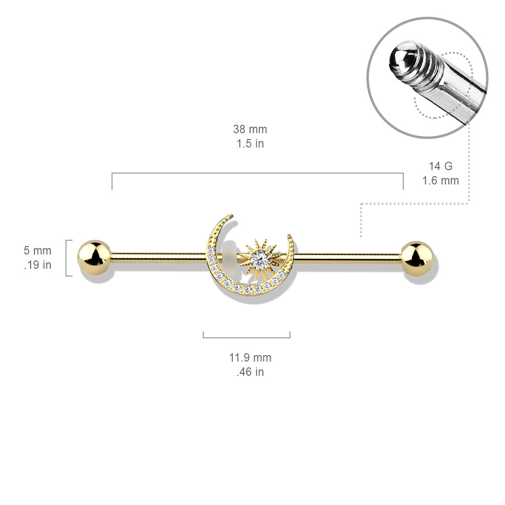 316L Surgical Steel Gold PVD White CZ Gem Moon & Star Industrial Barbell