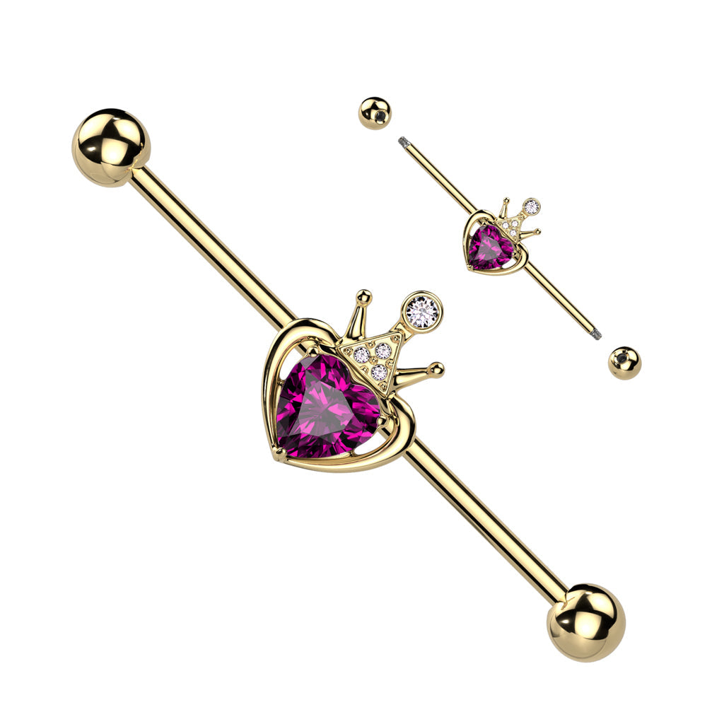 316L Surgical Steel Gold PVD Pink & White CZ Heart Crown Industrial Barbell