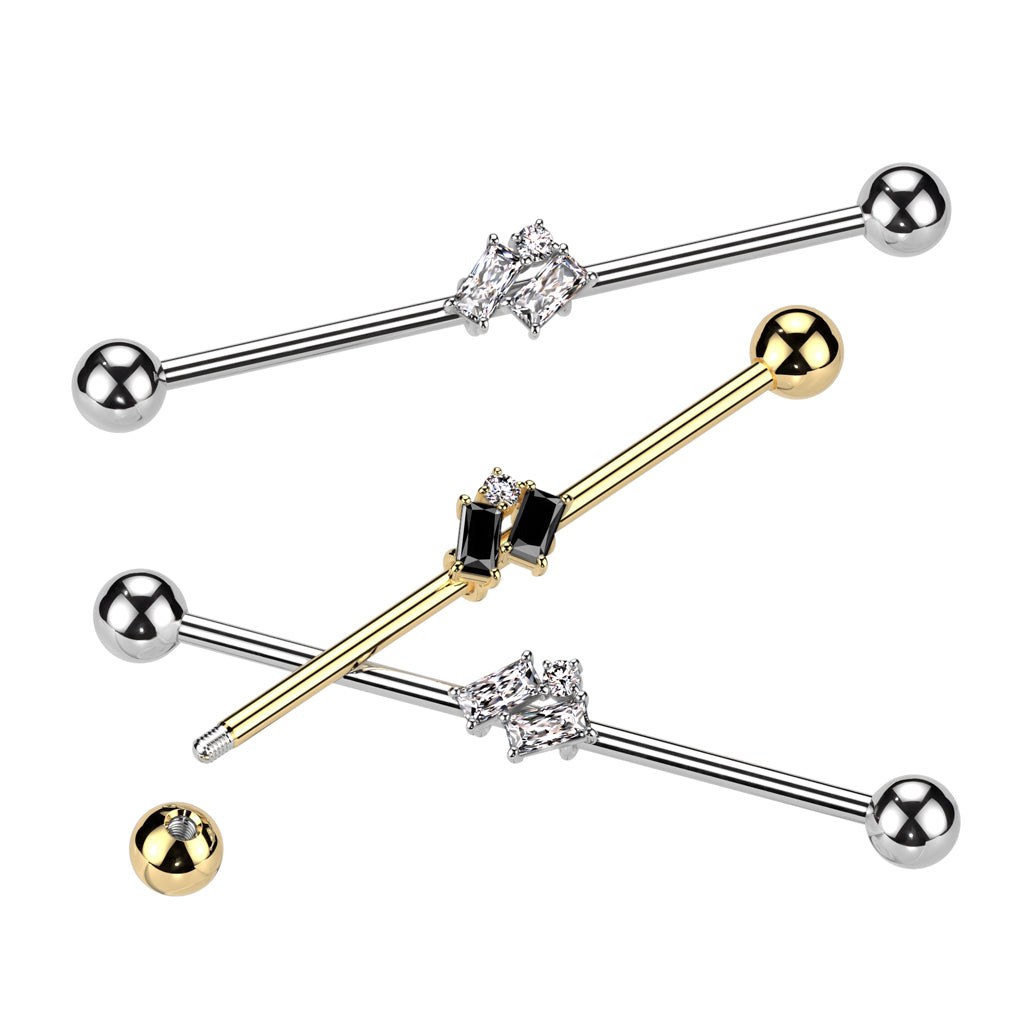 316L Surgical Steel White Baguette CZ Gem Cluster Industrial Straight Barbell