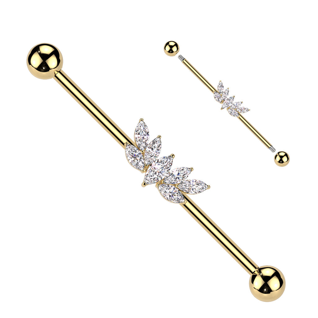 316L Surgical Steel Gold PVD Large White CZ Wing Design Marquise Gem Cluster Industrial Barbell