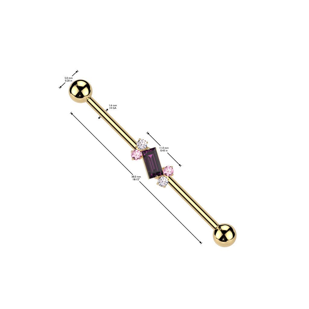 316L Surgical Steel Purple Baguette White & Pink Gem Cluster Industrial Barbell
