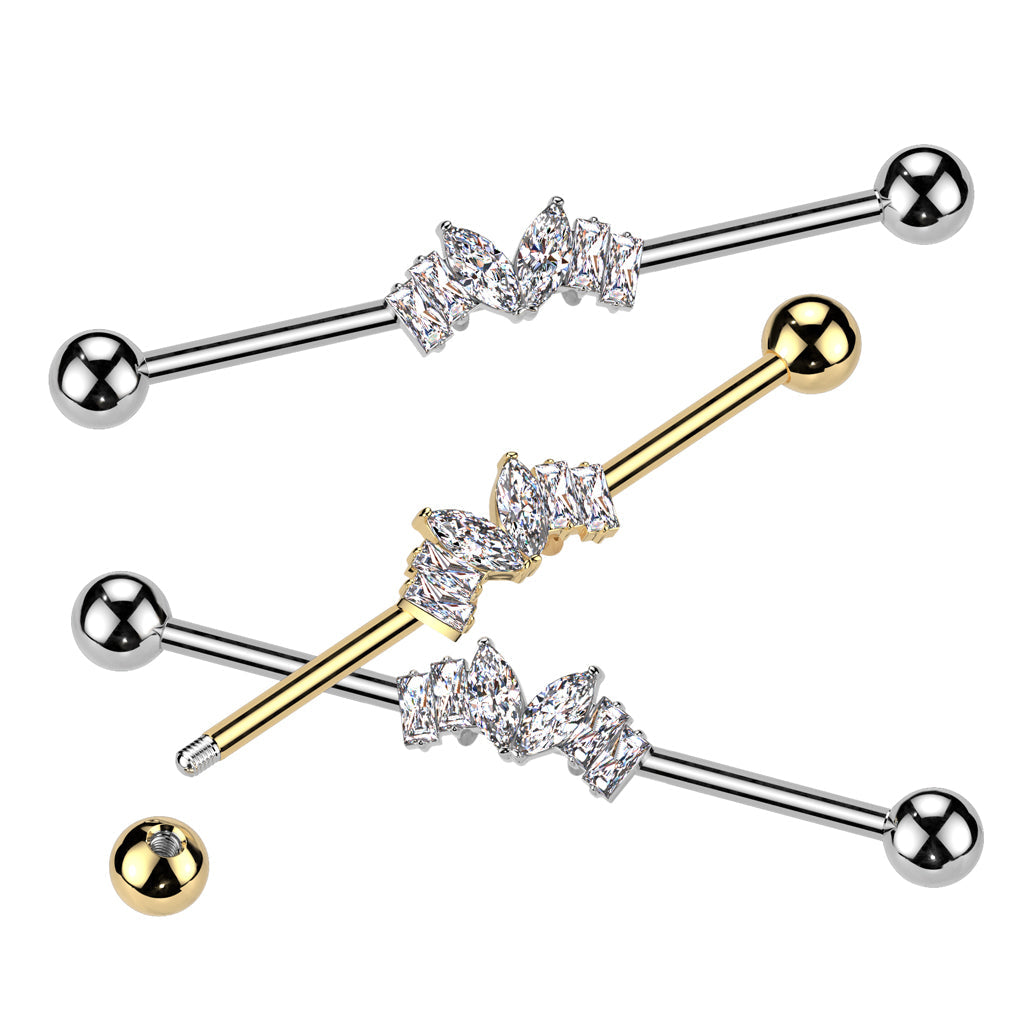 316L Surgical Steel Gold PVD White CZ Marquise & Baguette Gem Industrial Barbell