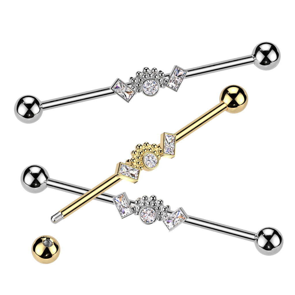 316L Surgical Steel Gold PVD White CZ Baguette Beaded Industrial Barbell