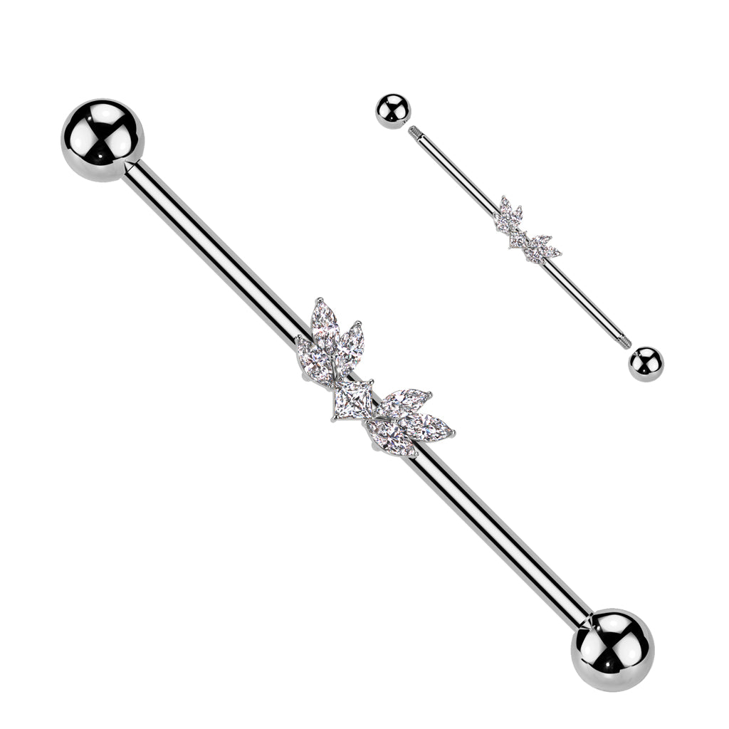 316L Surgical Steel White CZ Wing Design Gem Cluster Industrial Barbell
