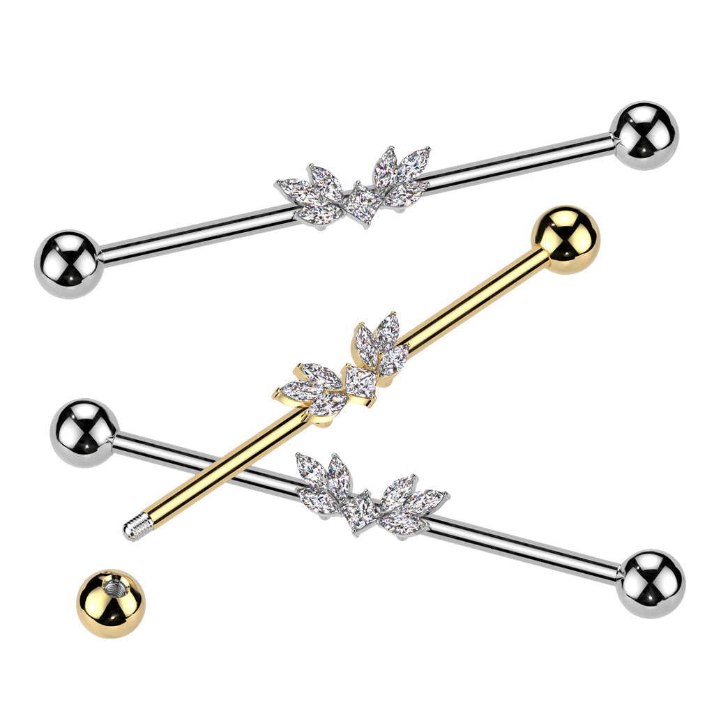 316L Surgical Steel White CZ Wing Design Gem Cluster Industrial Barbell