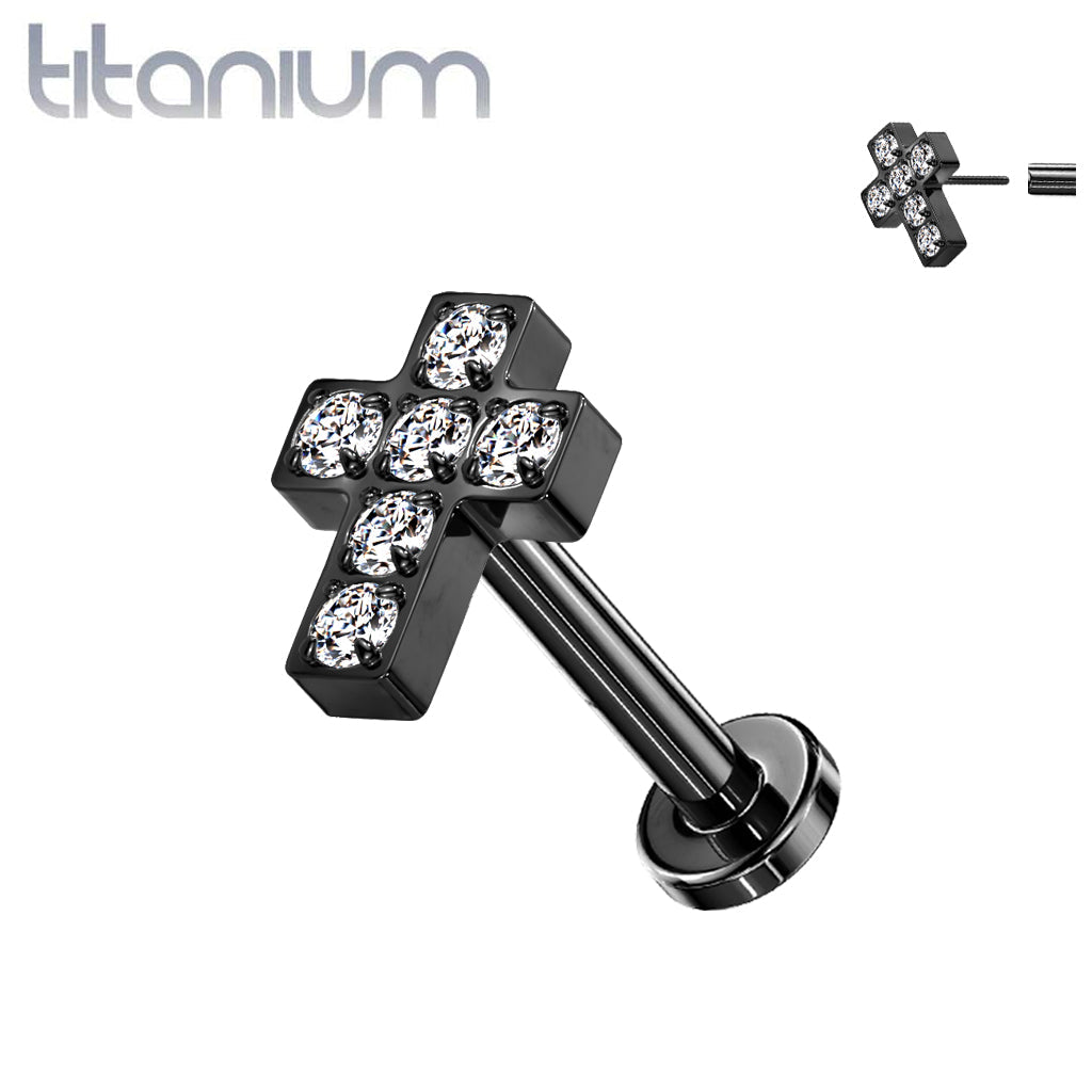 Implant Grade Titanium Black PVD Threadless Push In Labret White Studded CZ Cross