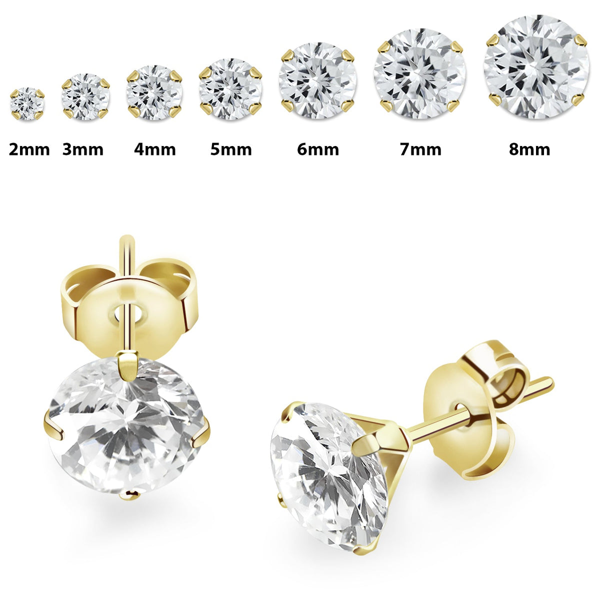 Pair of 316L Surgical Steel Gold PVD Flat White CZ Prong Stud Earrings