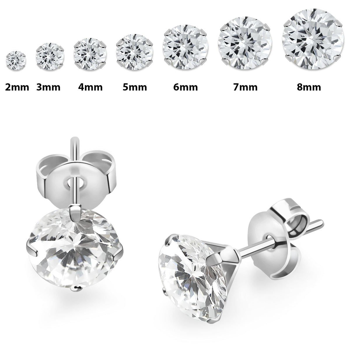 Pair of 316L Surgical Steel Flat White CZ Prong Stud Earrings