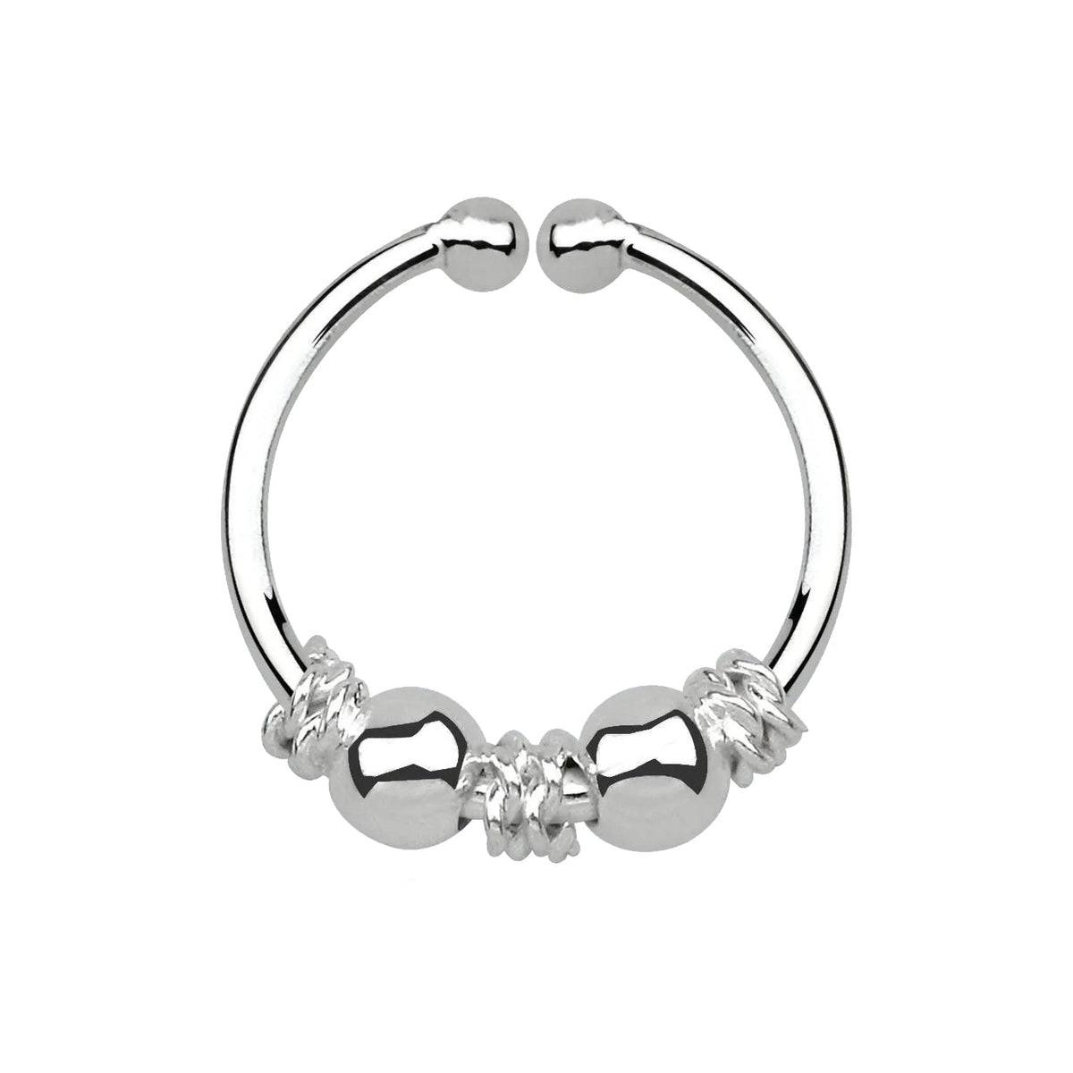 Fake Faux Clip On Tribal 925 Sterling Silver Beaded Nose Hoop Ring