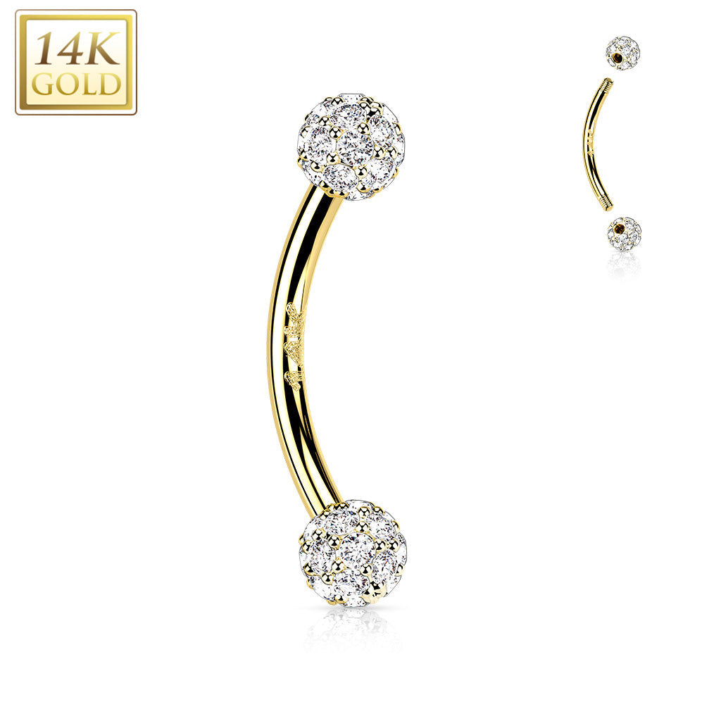 14kt Yellow Gold 16ga Small White Multi CZ Cluster Curved Barbell