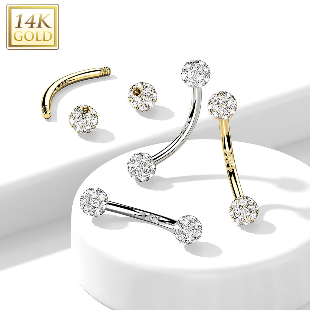 14kt Yellow Gold 16ga Small White Multi CZ Cluster Curved Barbell