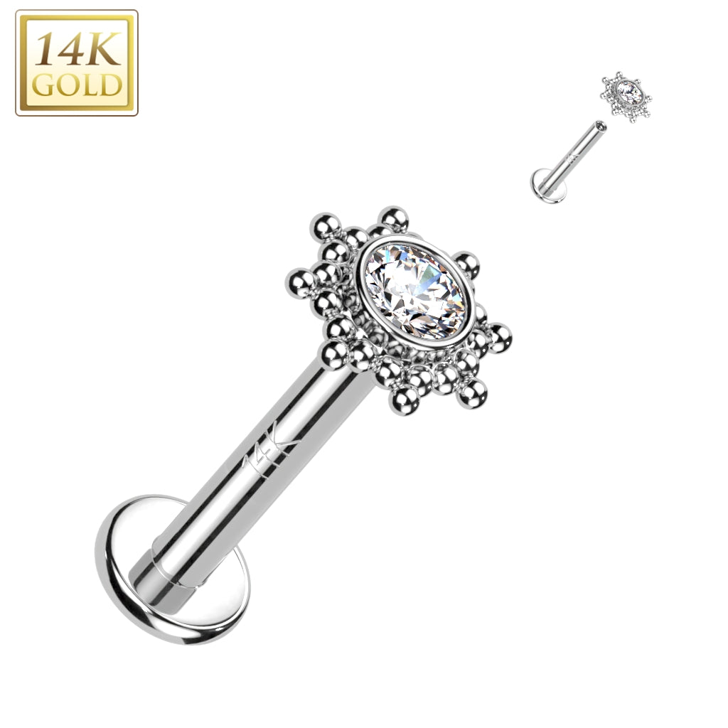 14KT White Gold White CZ Beaded Internally Threaded Flat Back Labret