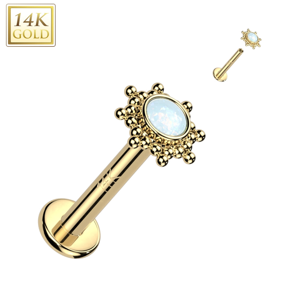 14KT Yellow Gold White Opal Beaded Internally Threaded Flat Back Labret