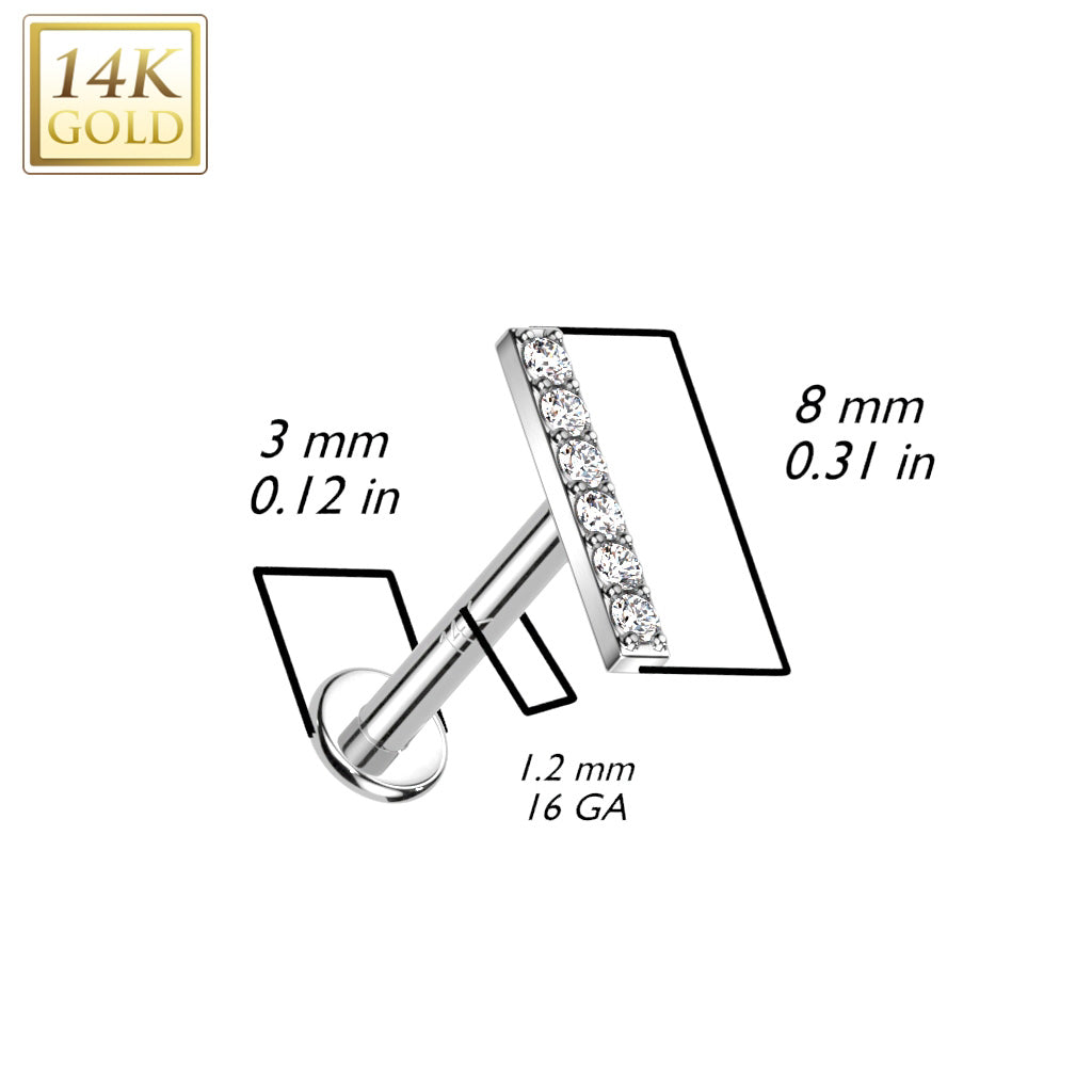 14KT White Gold White CZ Bar Internally Threaded Flat Back Labret