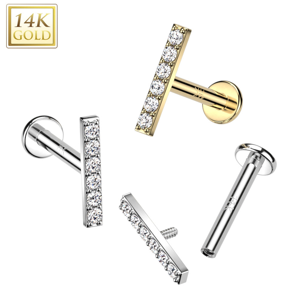 14KT Yellow Gold White CZ Bar Internally Threaded Flat Back Labret