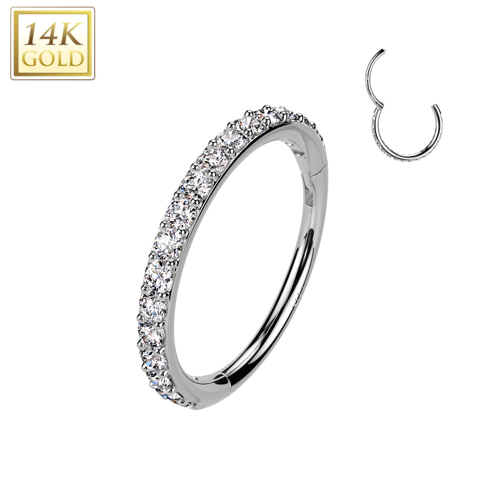 14KT White Gold White CZ Pave Hinged Clicker Nose Hoop