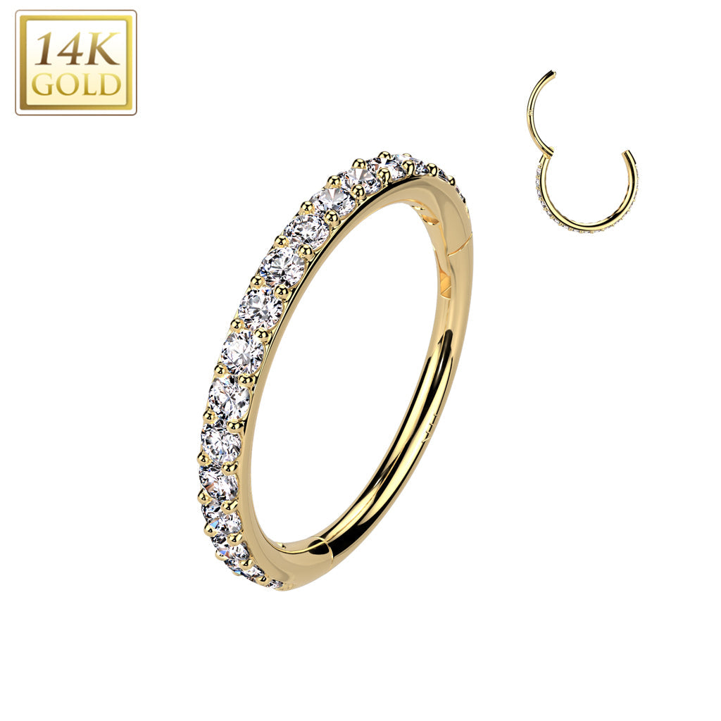 14KT Yellow Gold White CZ Pave Hinged Clicker Nose Hoop