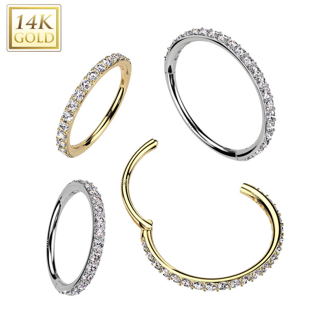 14KT Yellow Gold White CZ Pave Hinged Clicker Nose Hoop