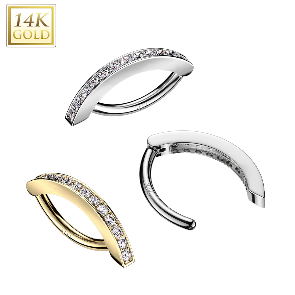 14KT White Gold White CZ Clicker Hoop Hinged Belly Ring