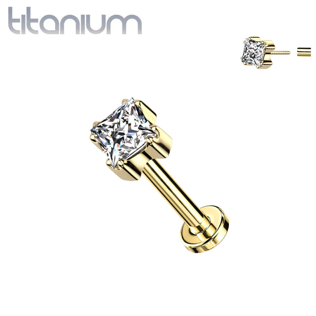 Implant Grade Titanium Gold PVD White CZ Square Gem Top Threadless Push In Labret