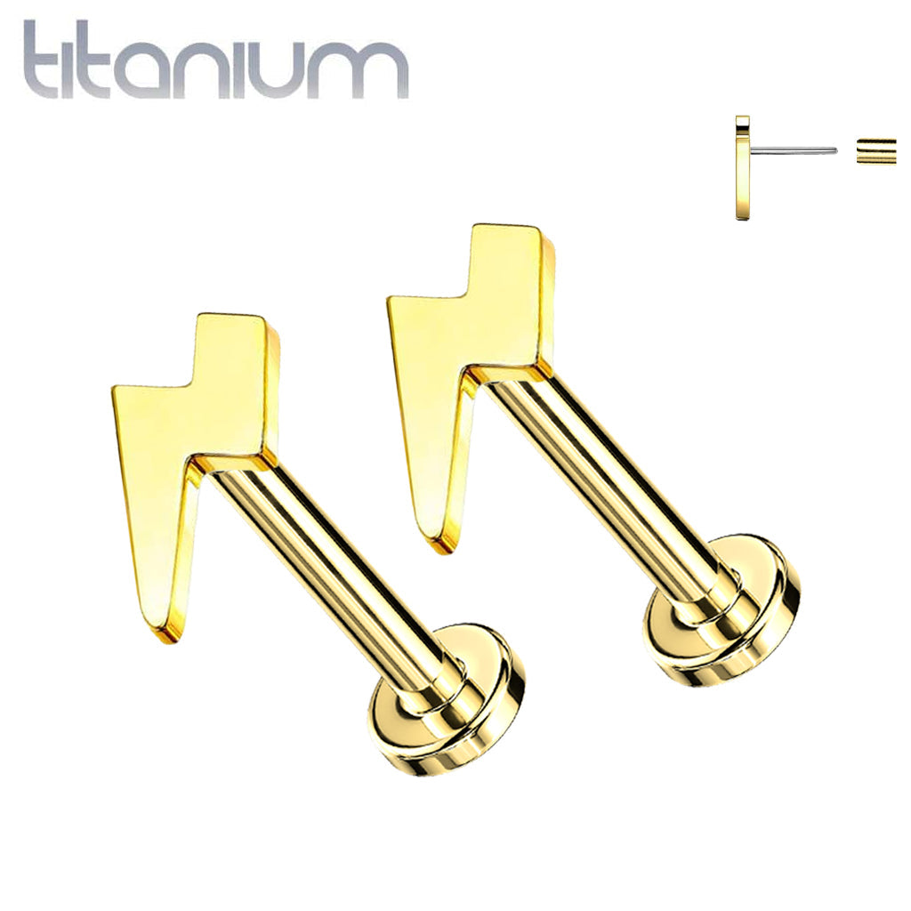 Pair of Implant Grade Titanium Threadless Gold PVD Lightening Bolt Earring Studs with Flat Back