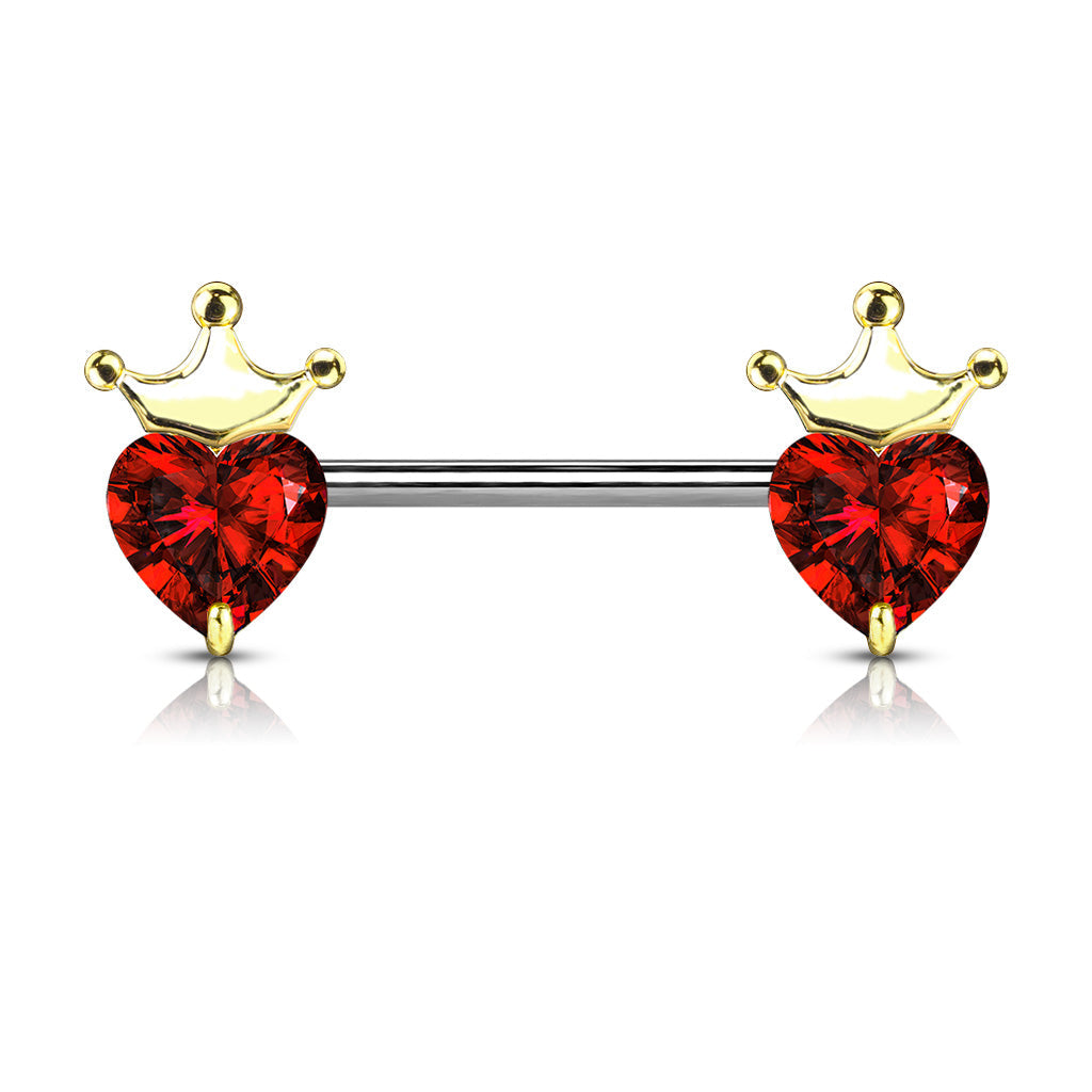 316L Surgical Steel Gold PVD Red CZ Heart With Crown Nipple Ring Straight Barbell