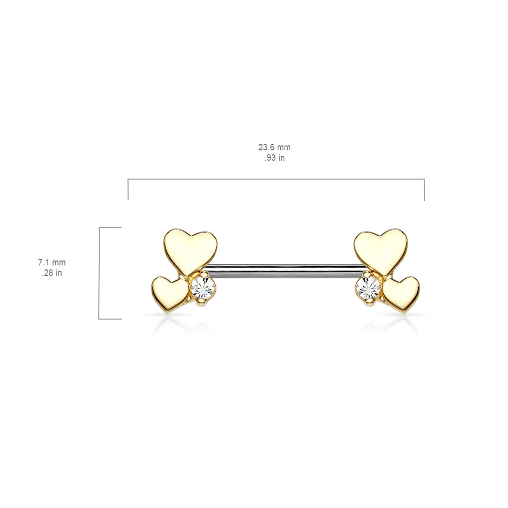 316L Surgical Steel Rose Gold PVD White CZ With Hearts Nipple Ring Straight Barbell