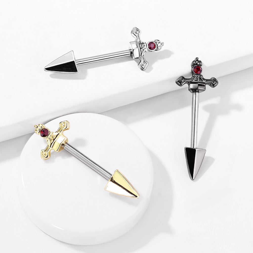 316L Surgical Steel Dark Red CZ Sword Dagger Nipple Ring Straight Barbell