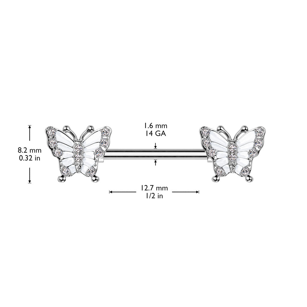 316L Surgical Steel White CZ Butterfly Nipple Ring Straight Barbell