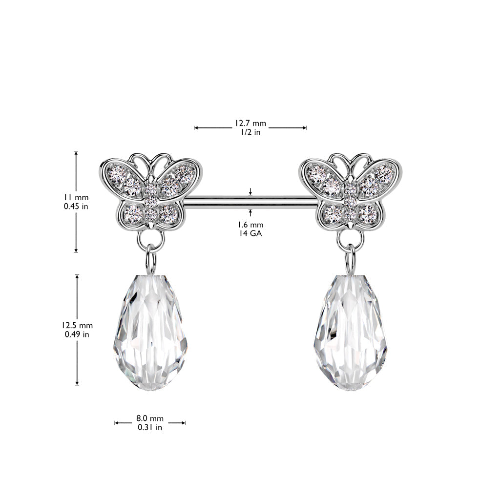 316L Surgical Steel Gold PVD Large White CZ Butterfly Clear Gem Dangle Nipple Ring Straight Barbell