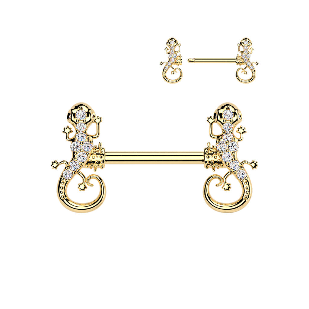 316L Surgical Steel Gold PVD White CZ Lizard Straight Barbell Nipple Ring