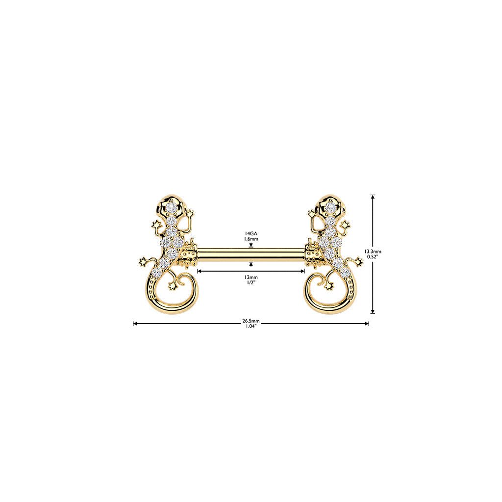 316L Surgical Steel White CZ Lizard Straight Barbell Nipple Ring