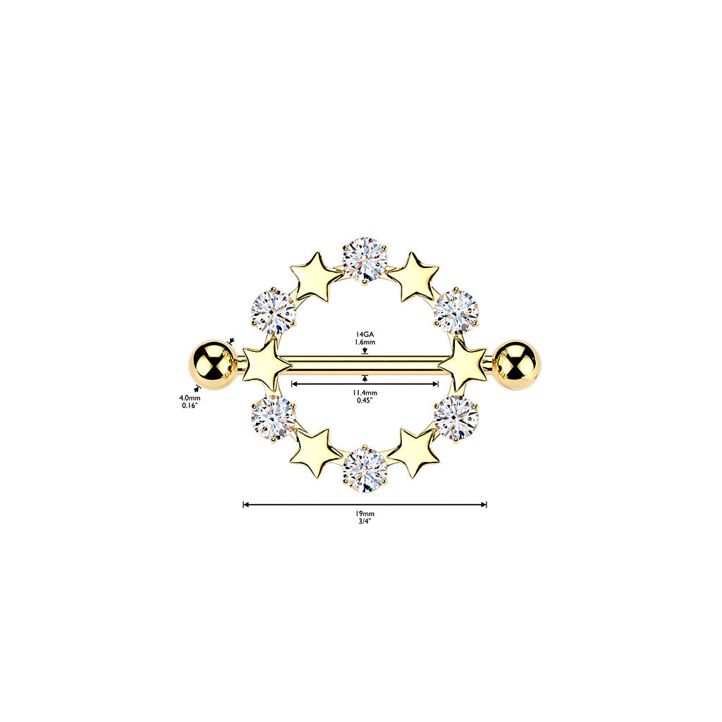 316L Surgical Steel Gold PVD White CZ & Star Full Circle Shield Nipple Ring