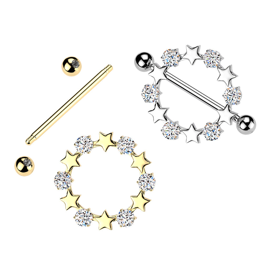 316L Surgical Steel White CZ & Star Full Circle Shield Nipple Ring