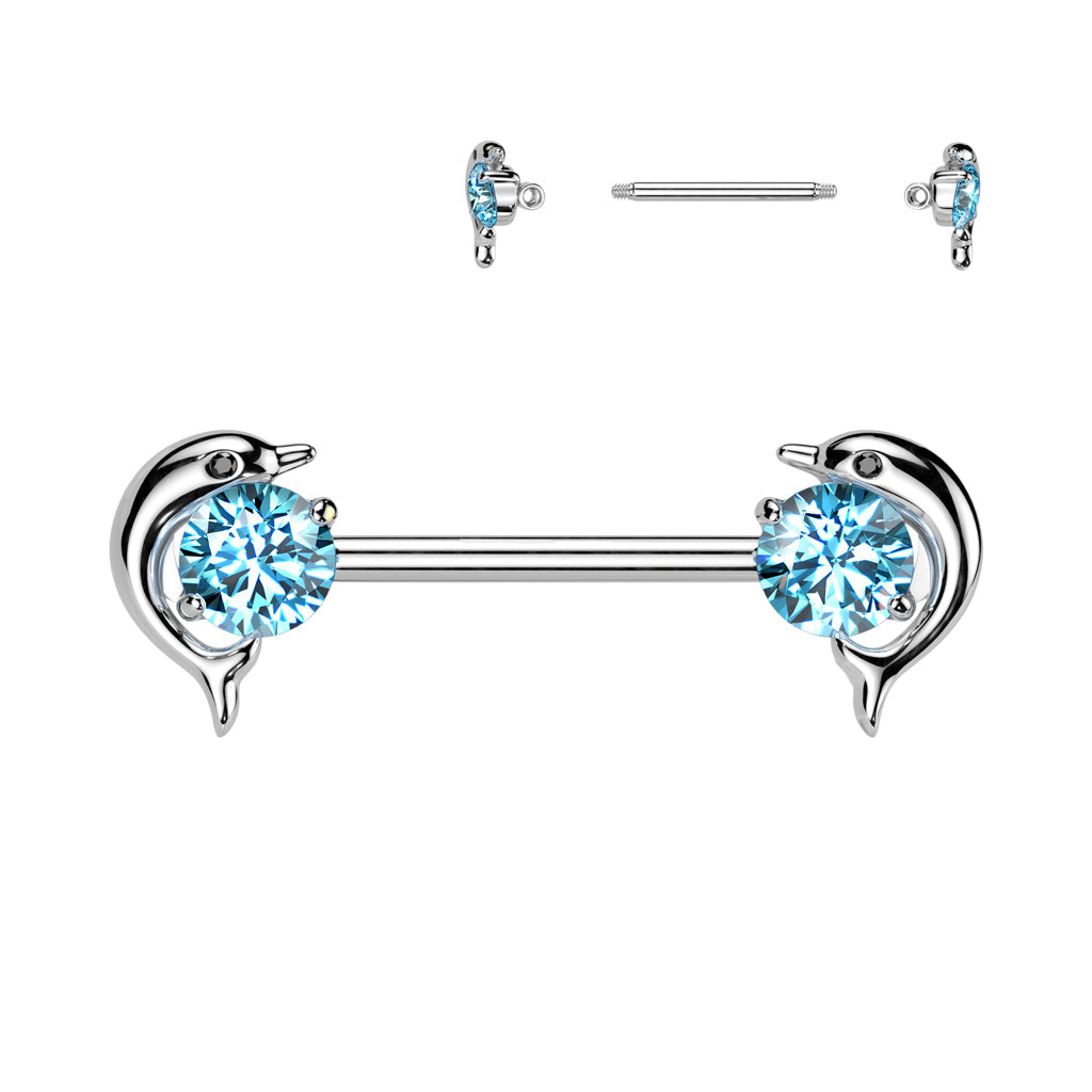316L Surgical Steel Aqua CZ Dolphin Nipple Ring Straight Barbell