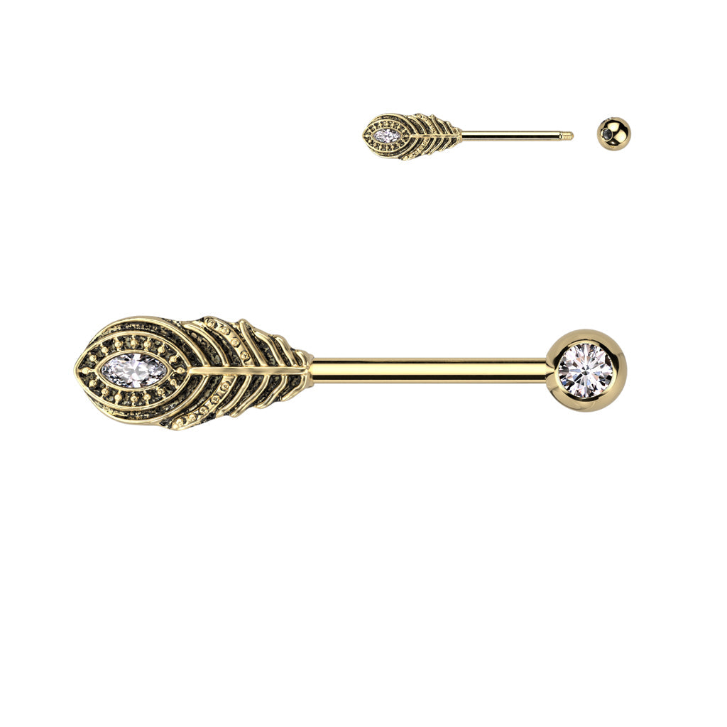 316L Surgical Steel Gold PVD White CZ Peacock Feather Nipple Ring Straight Barbell