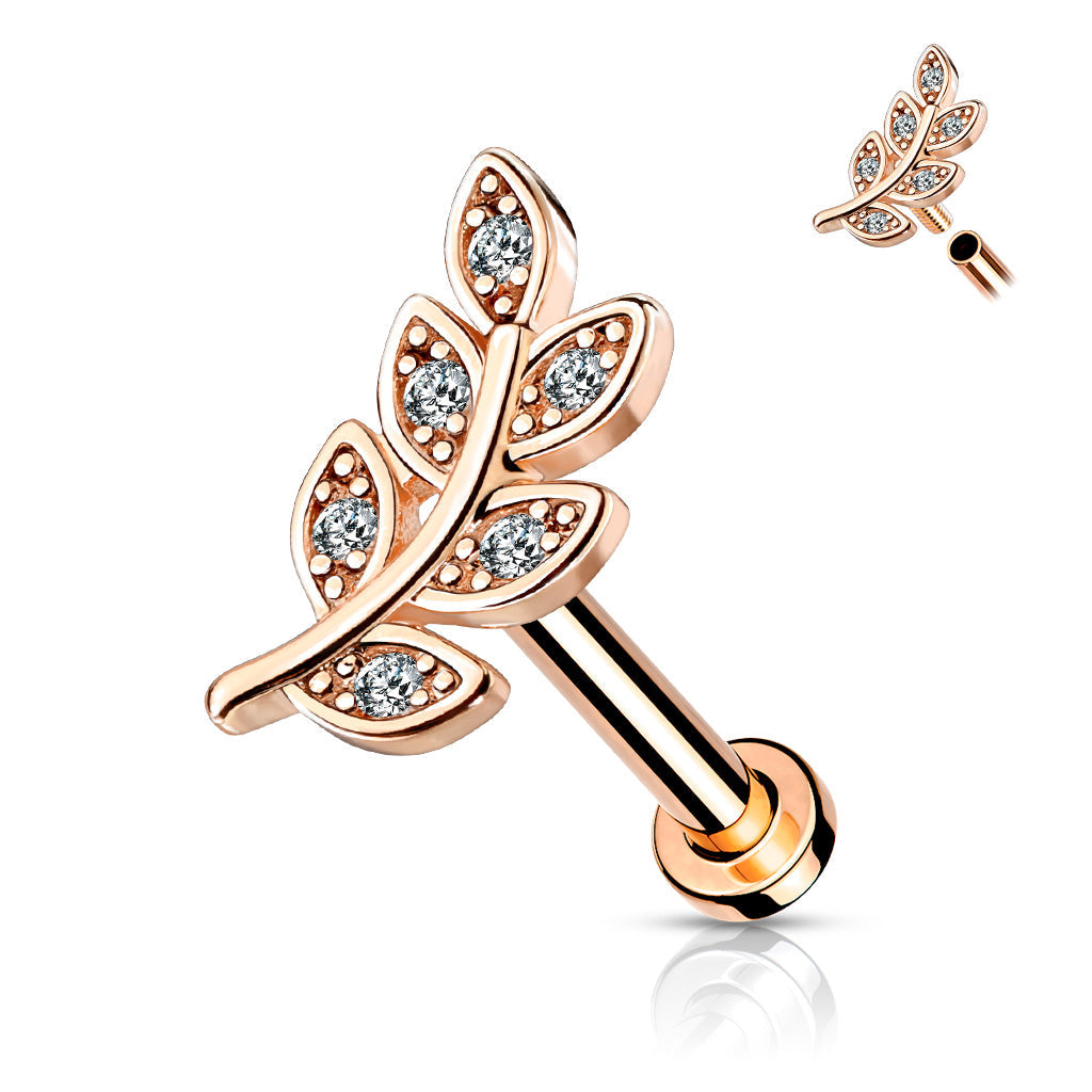 316L Surgical Steel Rose Gold PVD White CZ Leaf Flat Back Labret