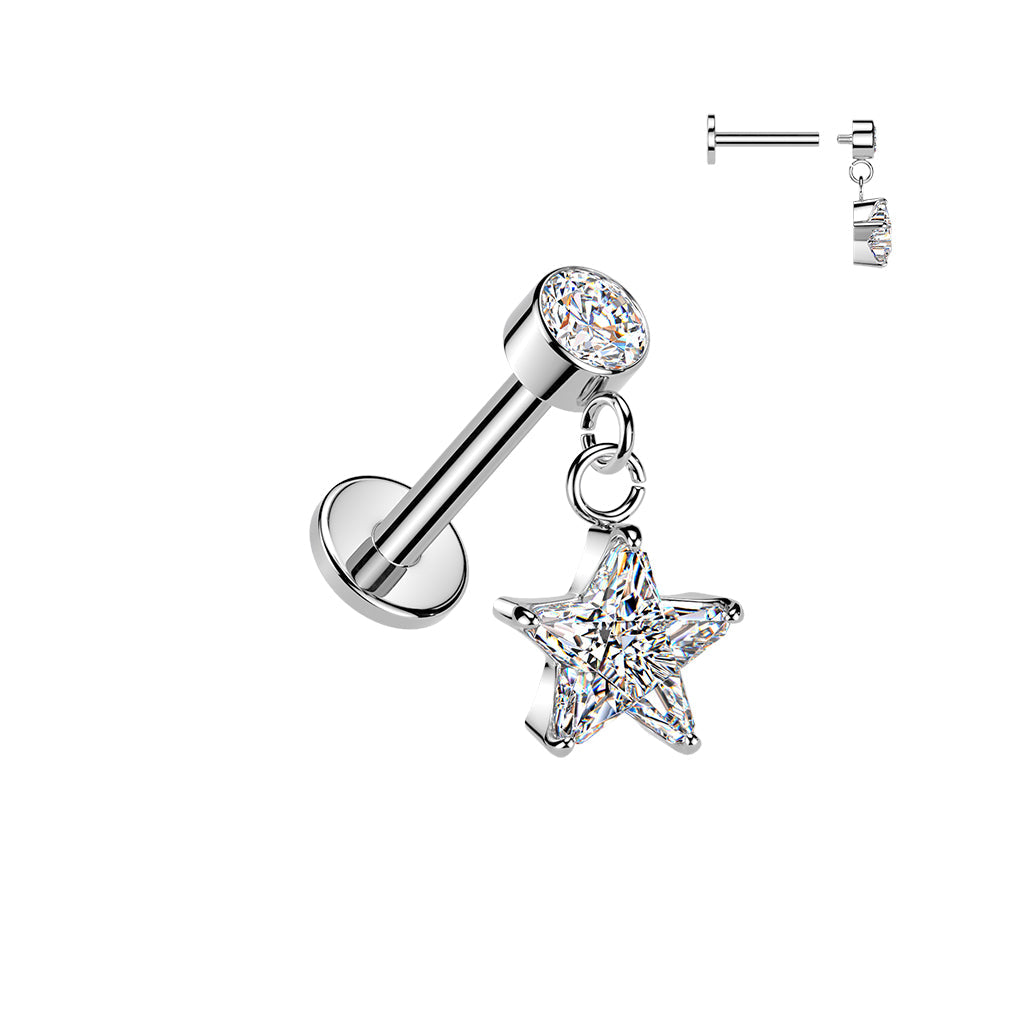 316L Surgical Steel White CZ Star Dangle Internally Threaded Flat Back Labret
