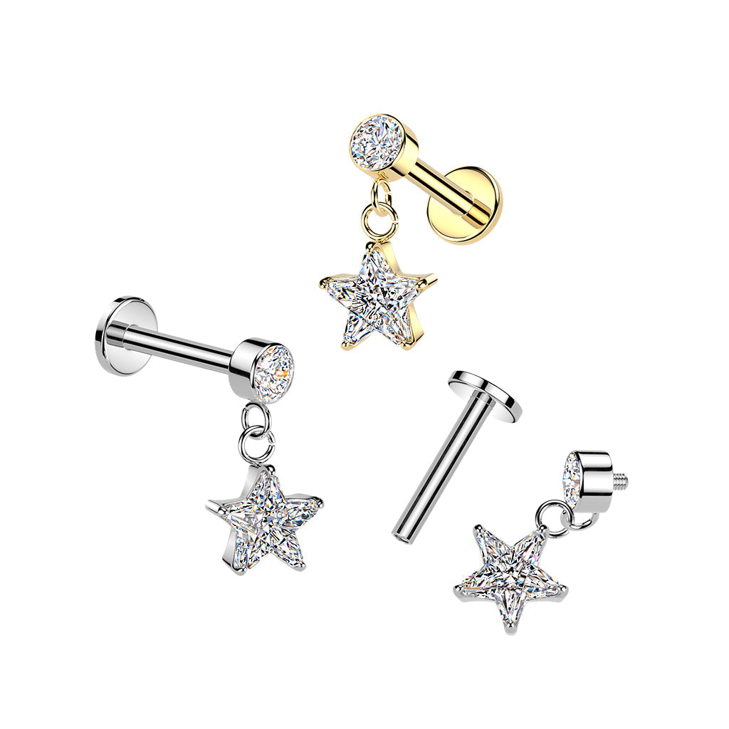 316L Surgical Steel Gold PVD White CZ Star Dangle Internally Threaded Flat Back Labret