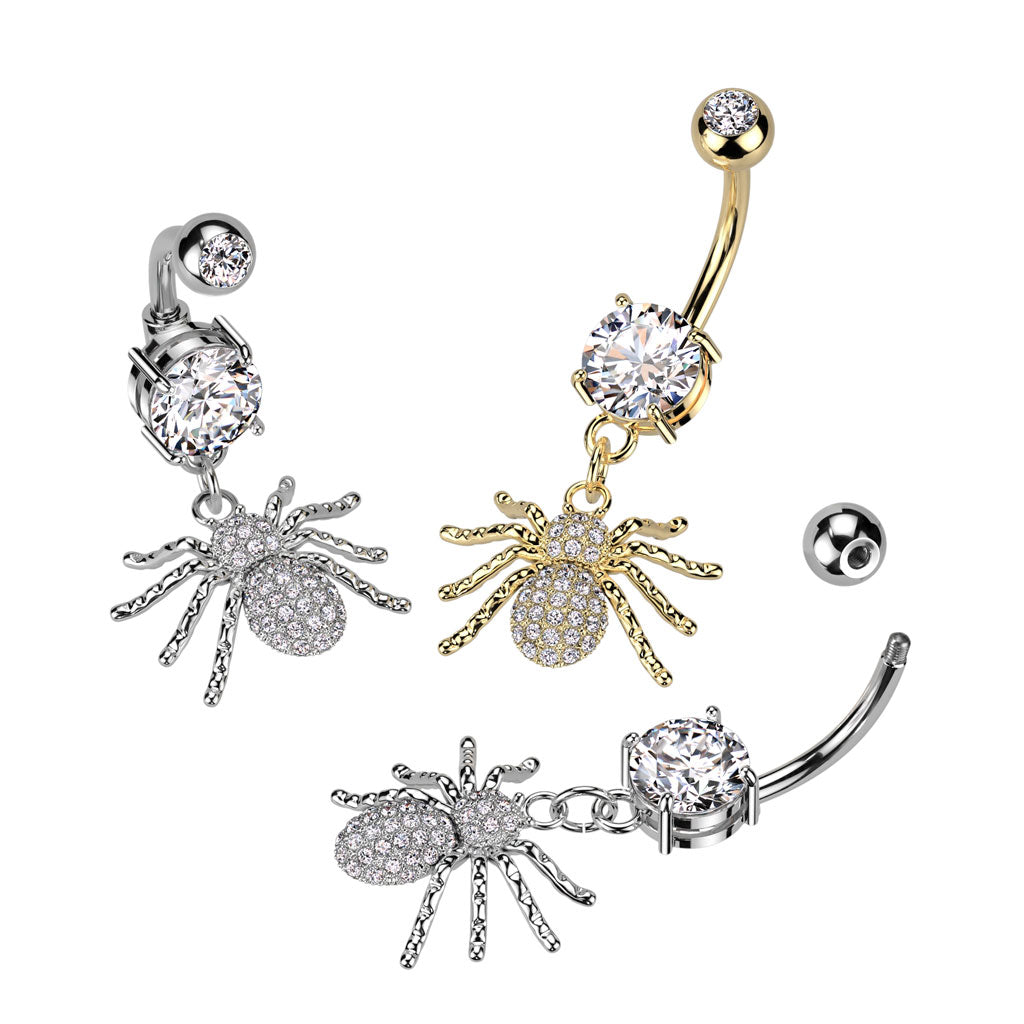 316L Surgical Steel Gold PVD White CZ Spider Dangle Belly Ring