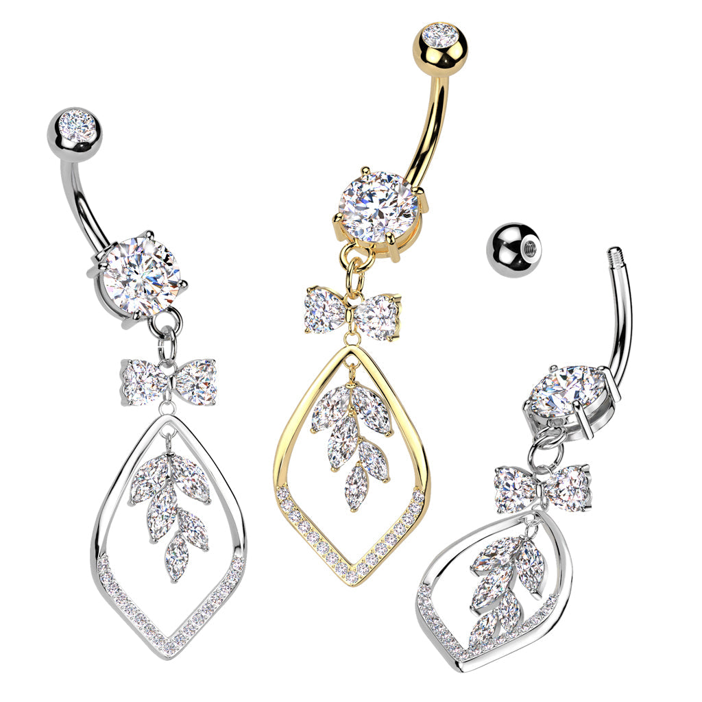 316L Surgical Steel Gold PVD White CZ Bow & Vine Dangle Belly Ring
