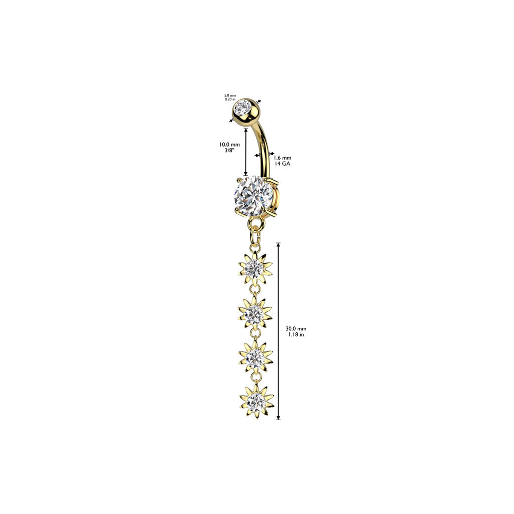 316L Surgical Steel Gold PVD White CZ Gem Long Flower Dangly Belly Ring