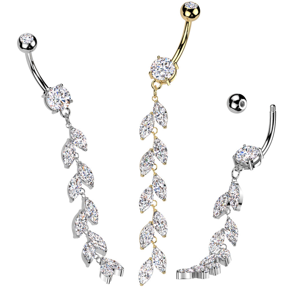 316L Surgical Steel Long White CZ Vine Dangle Belly Ring