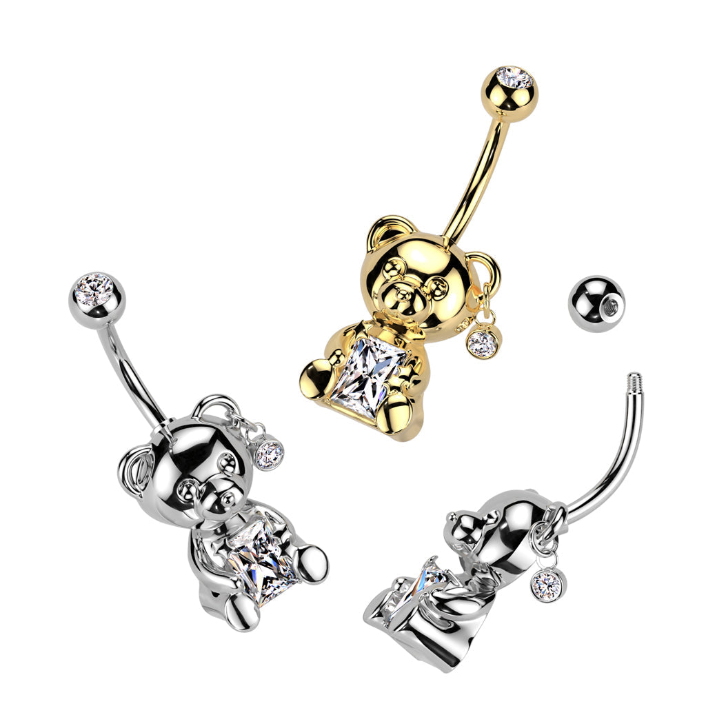 316L Surgical Steel Gold PVD White CZ Clawed Teddy Bear Belly Ring